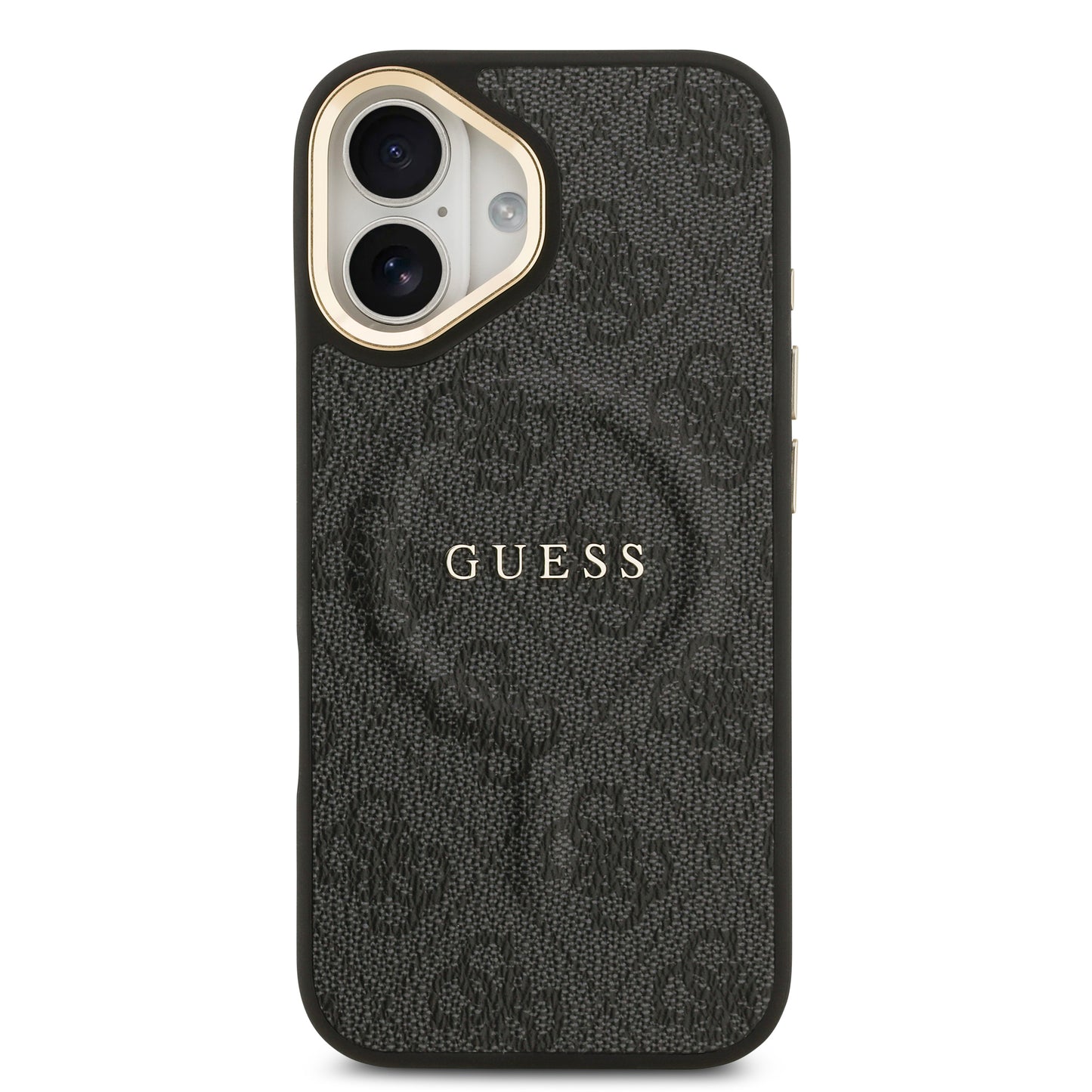 Apple iPhone 17 Kılıf Guess Orjinal Lisanslı M-safe Şarj Özellikli Gold Metal Kamera Çerçeveli PU Deri 4G Desenli Yazı Logolu Kapak Siyah
