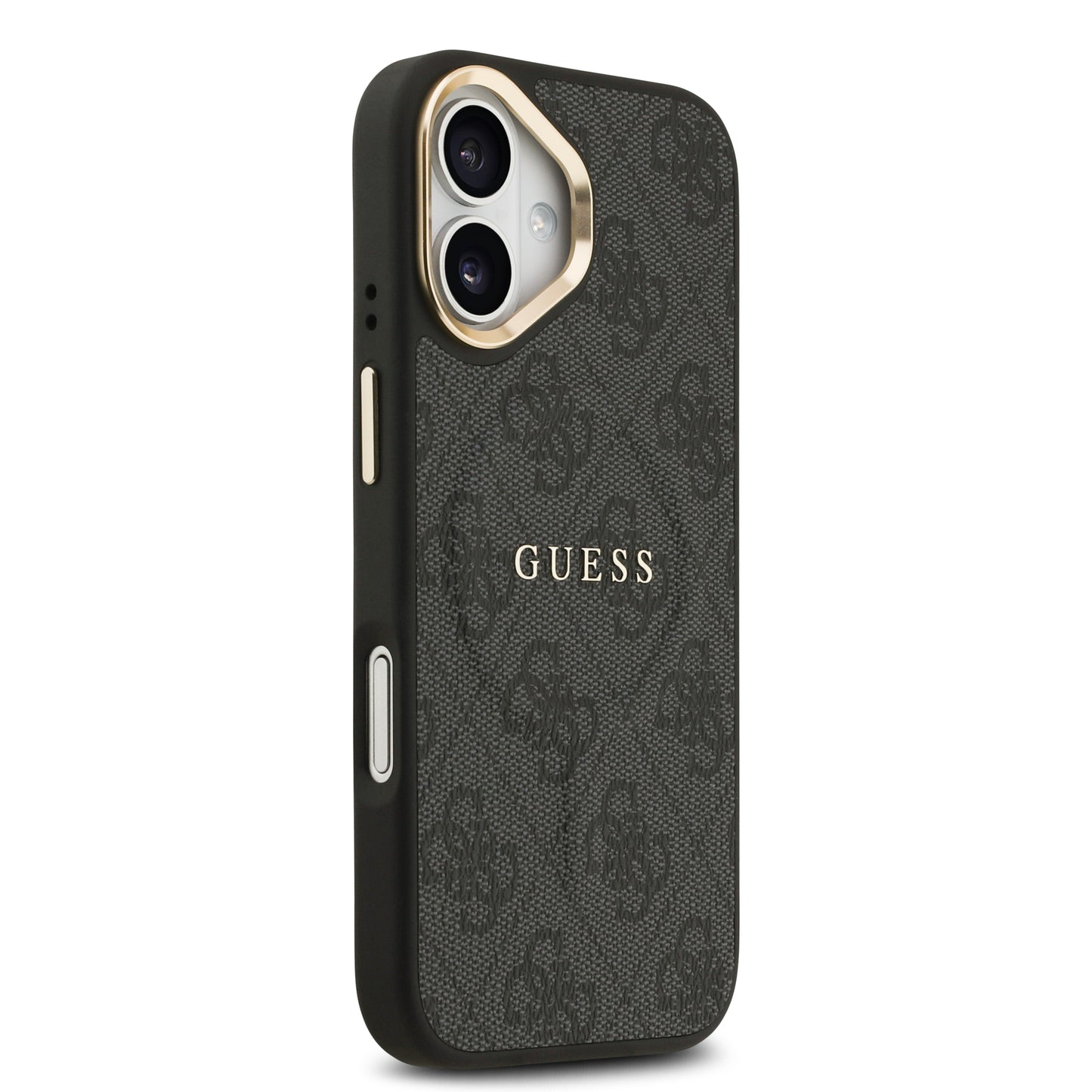 Apple iPhone 17 Kılıf Guess Orjinal Lisanslı M-safe Şarj Özellikli Gold Metal Kamera Çerçeveli PU Deri 4G Desenli Yazı Logolu Kapak Siyah