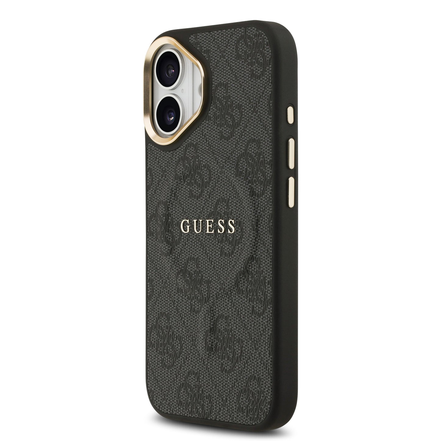 Apple iPhone 17 Kılıf Guess Orjinal Lisanslı M-safe Şarj Özellikli Gold Metal Kamera Çerçeveli PU Deri 4G Desenli Yazı Logolu Kapak Siyah