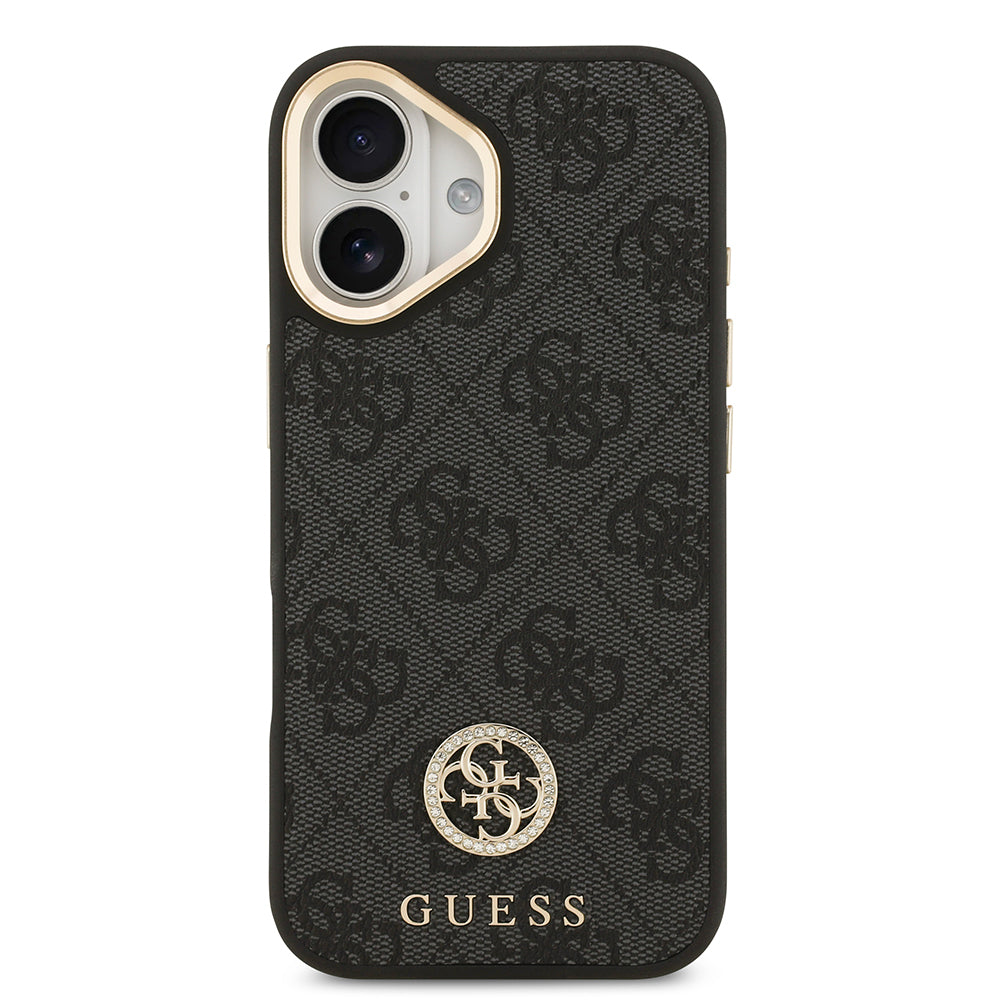 Apple iPhone 17 Kılıf Guess Orjinal Lisanslı M-safe Şarj Özellikli Gold Metal Kamera Çerçeveli Taşlı 4G Logolu Kapak Siyah