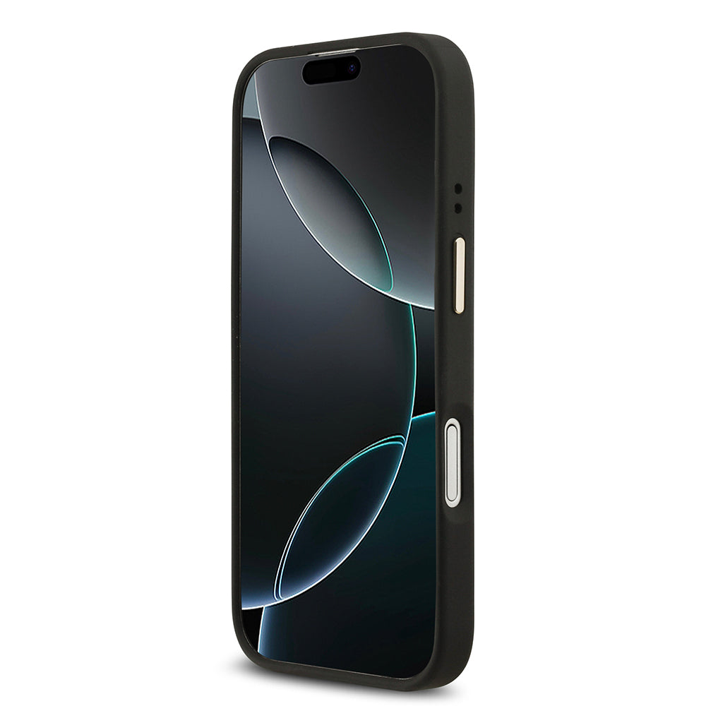 Apple iPhone 17 Kılıf Guess Orjinal Lisanslı M-safe Şarj Özellikli Gold Metal Kamera Çerçeveli Taşlı 4G Logolu Kapak Siyah