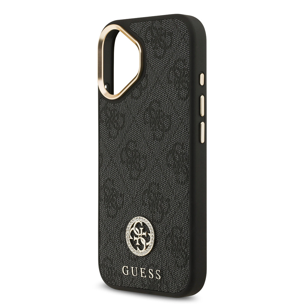 Apple iPhone 17 Kılıf Guess Orjinal Lisanslı M-safe Şarj Özellikli Gold Metal Kamera Çerçeveli Taşlı 4G Logolu Kapak Siyah