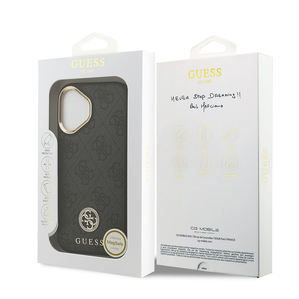 Apple iPhone 17 Kılıf Guess Orjinal Lisanslı M-safe Şarj Özellikli Gold Metal Kamera Çerçeveli Taşlı 4G Logolu Kapak Siyah