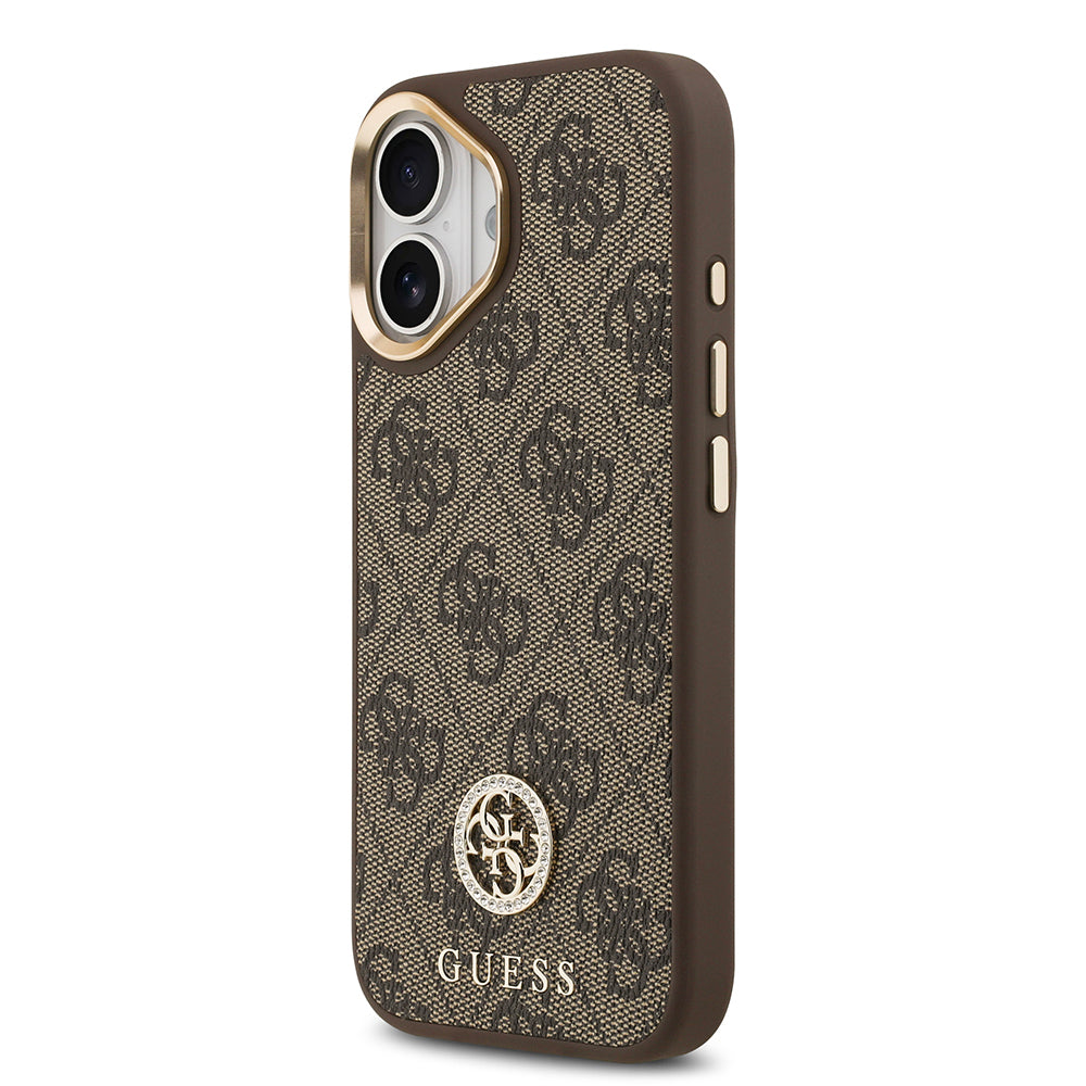 Apple iPhone 17 Kılıf Guess Orjinal Lisanslı M-safe Şarj Özellikli Gold Metal Kamera Çerçeveli Taşlı 4G Logolu Kapak Siyah