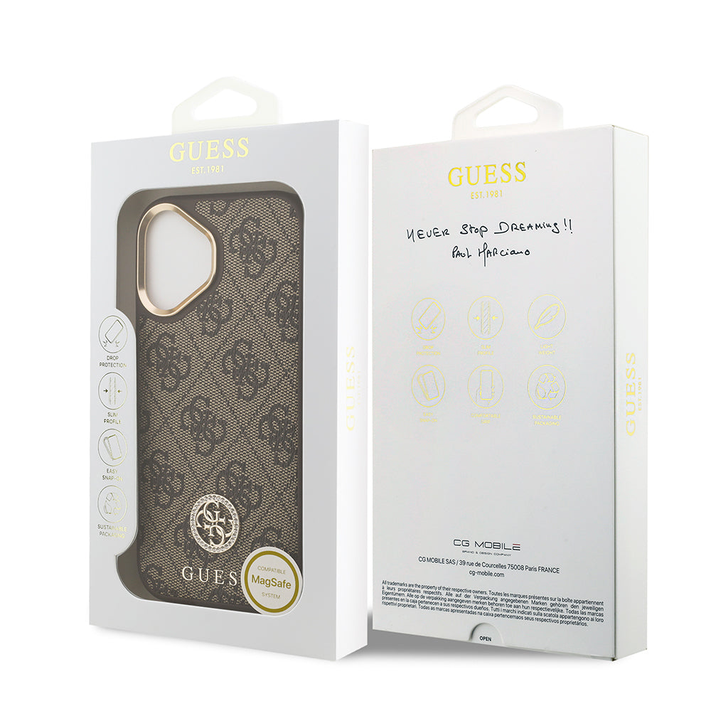 Apple iPhone 17 Case Guess Original Licensed M-safe Charging Feature Gold Metal Camera Frame Stone 4G Logo Cover Black