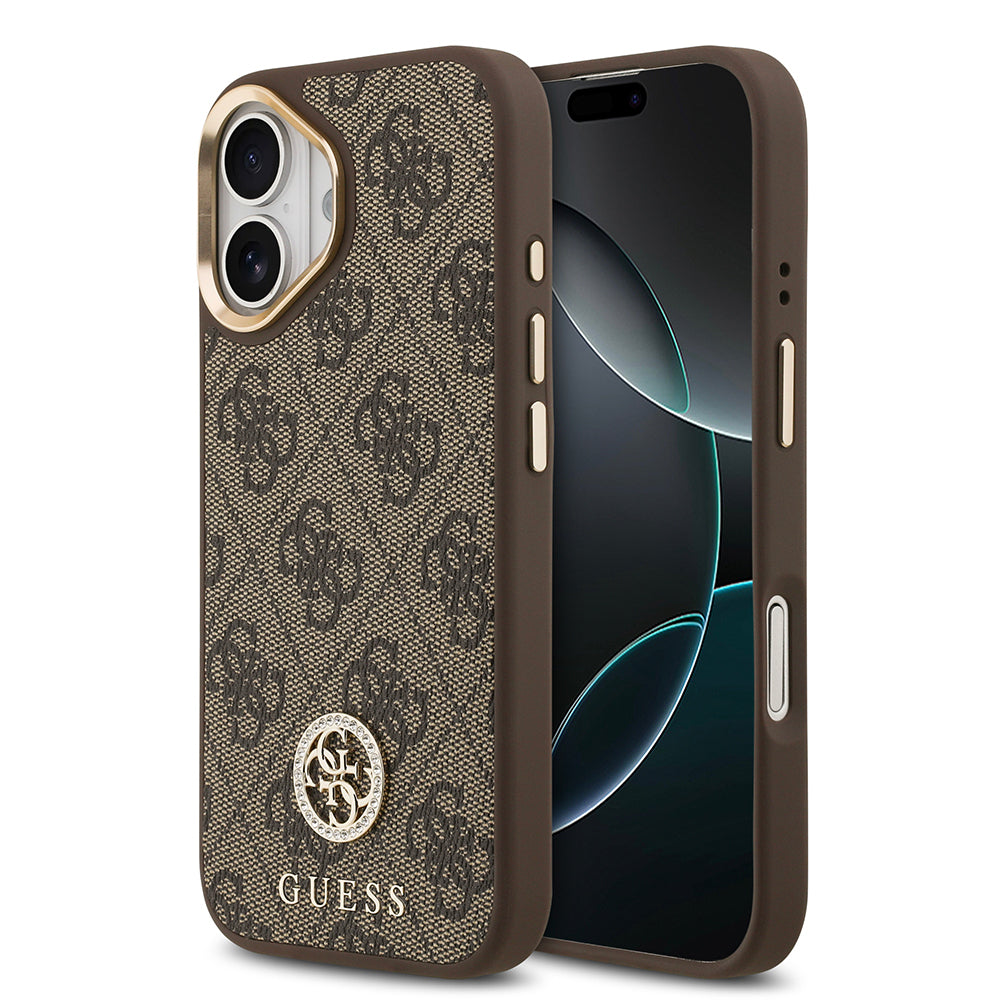 Apple iPhone 17 Kılıf Guess Orjinal Lisanslı M-safe Şarj Özellikli Gold Metal Kamera Çerçeveli Taşlı 4G Logolu Kapak Siyah