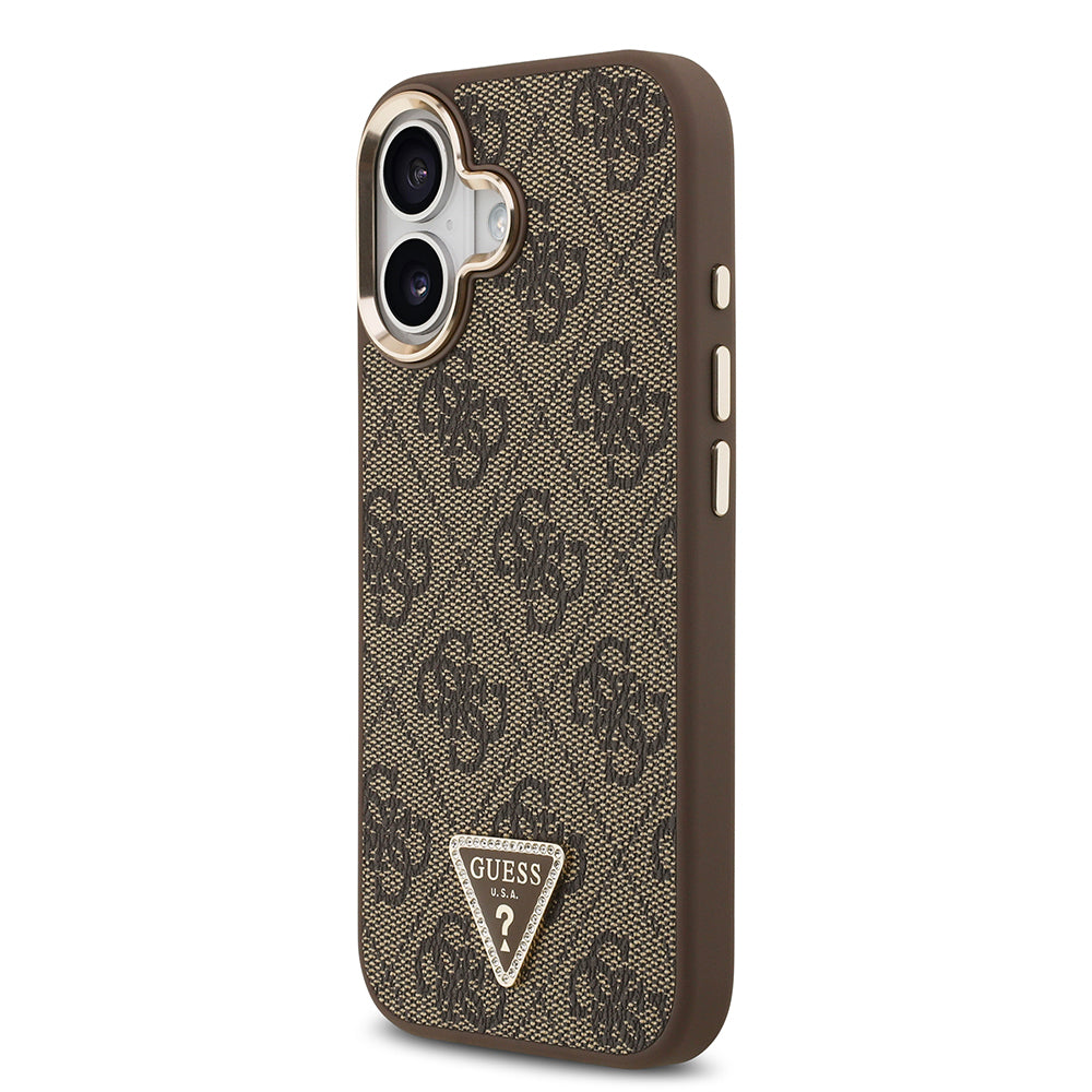 Apple iPhone 17 Case Guess Original Licensed M-safe Charging Feature Gold Metal Camera Frame Stone Triangle Logo 4G Patterned Cover Black