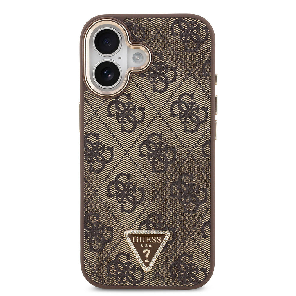 Apple iPhone 17 Case Guess Original Licensed M-safe Charging Feature Gold Metal Camera Frame Stone Triangle Logo 4G Patterned Cover Black