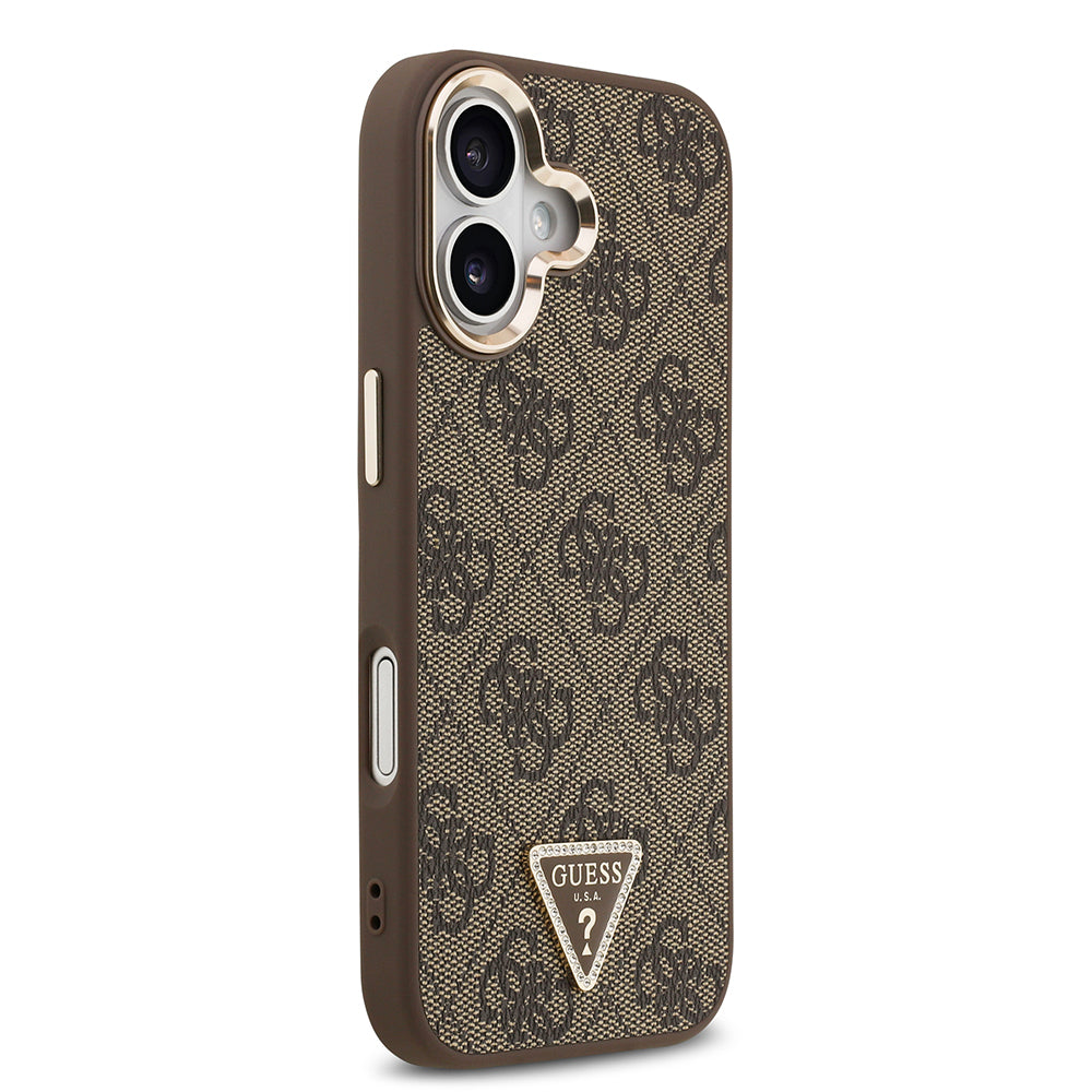 Apple iPhone 17 Case Guess Original Licensed M-safe Charging Feature Gold Metal Camera Frame Stone Triangle Logo 4G Patterned Cover Black