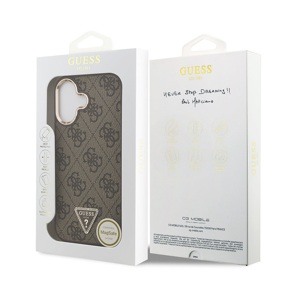 Apple iPhone 17 Case Guess Original Licensed M-safe Charging Feature Gold Metal Camera Frame Stone Triangle Logo 4G Patterned Cover Black