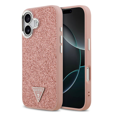 Apple iPhone 17 Kılıf Guess Orjinal Lisanslı M-safe Şarj Özellikli Metal Kamera Çerçeveli Üçgen Logolu Glitter Kapak