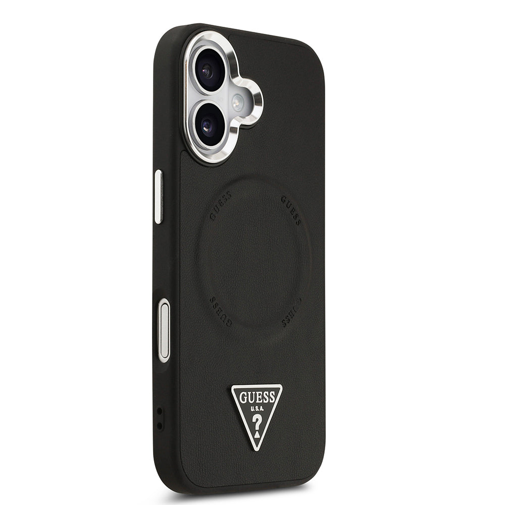 Apple iPhone 17 Case Guess Original Licensed M-safe Charging Function PU Leather Metal Camera Frame Triangle Logo Cover Black