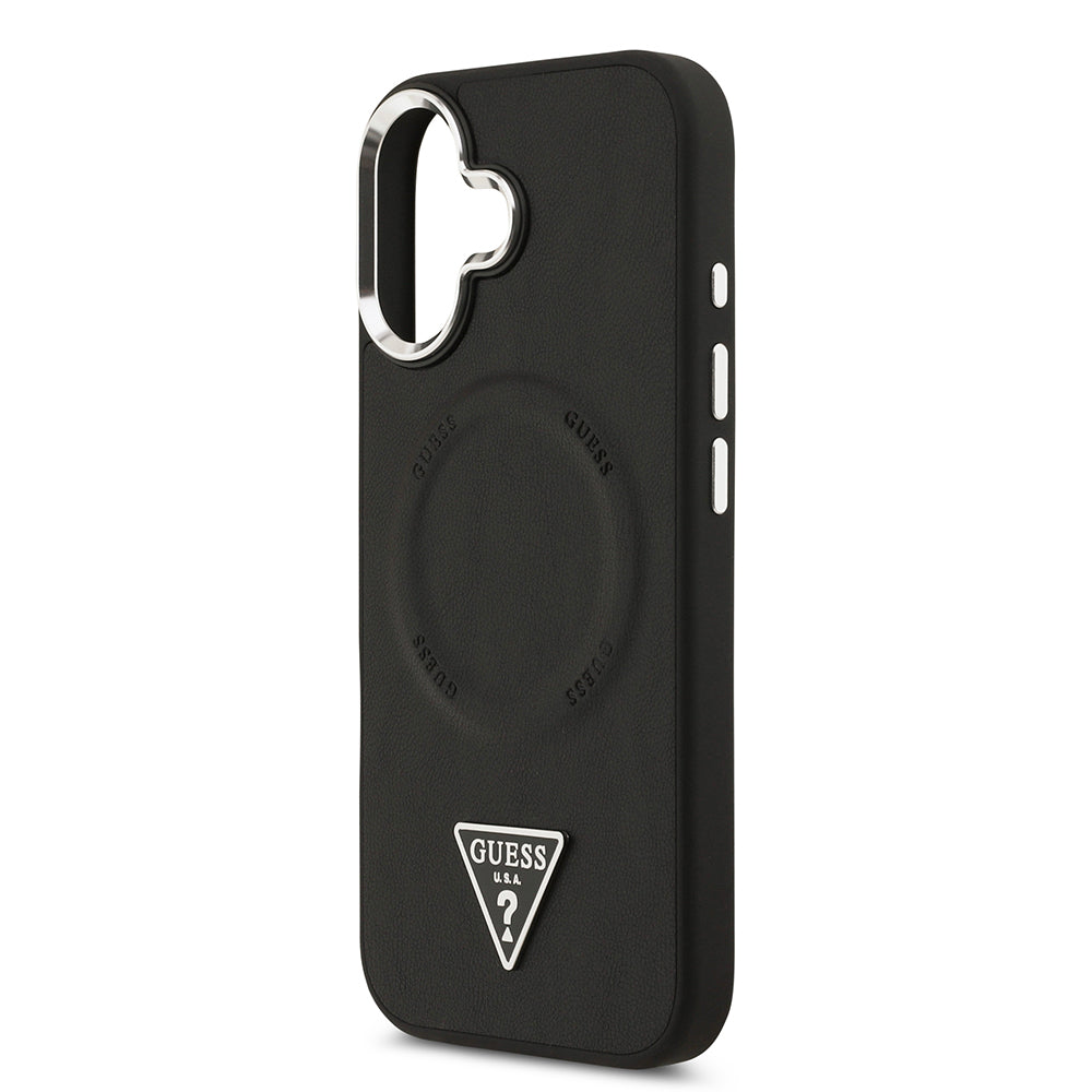 Apple iPhone 17 Case Guess Original Licensed M-safe Charging Function PU Leather Metal Camera Frame Triangle Logo Cover Black