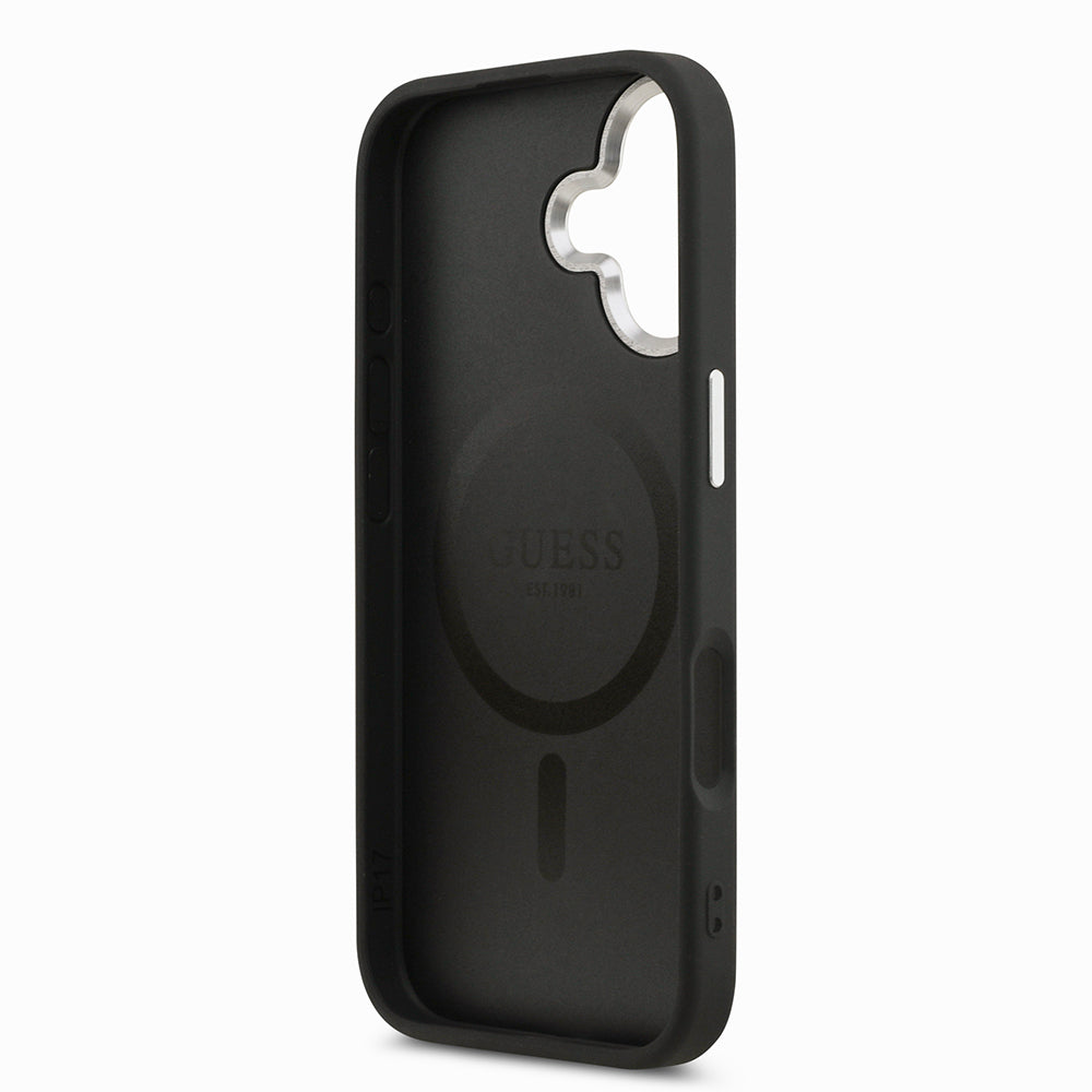 Apple iPhone 17 Case Guess Original Licensed M-safe Charging Function PU Leather Metal Camera Frame Triangle Logo Cover Black