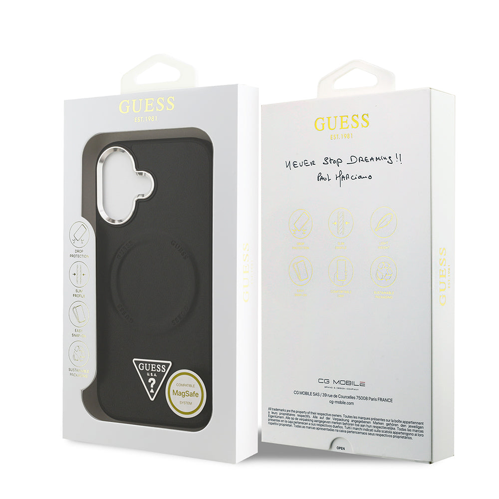 Apple iPhone 17 Case Guess Original Licensed M-safe Charging Function PU Leather Metal Camera Frame Triangle Logo Cover Black