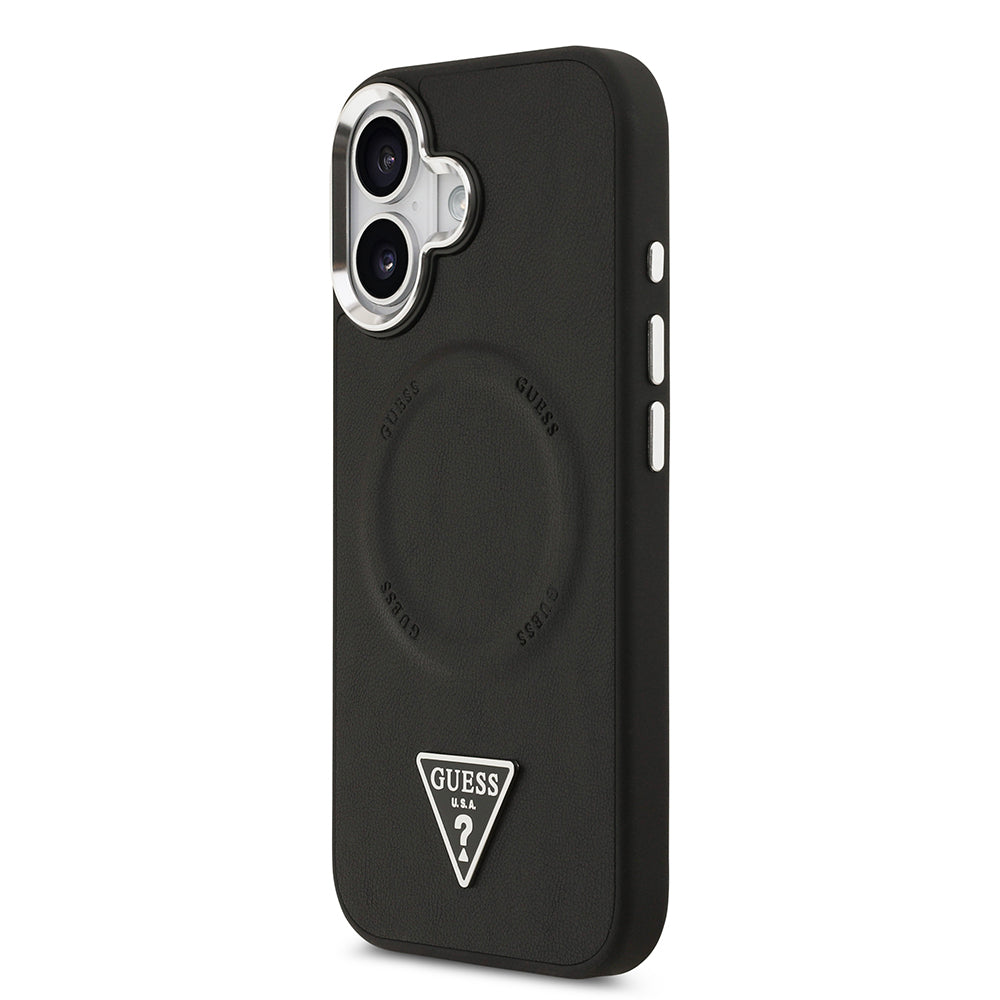 Apple iPhone 17 Case Guess Original Licensed M-safe Charging Function PU Leather Metal Camera Frame Triangle Logo Cover Black