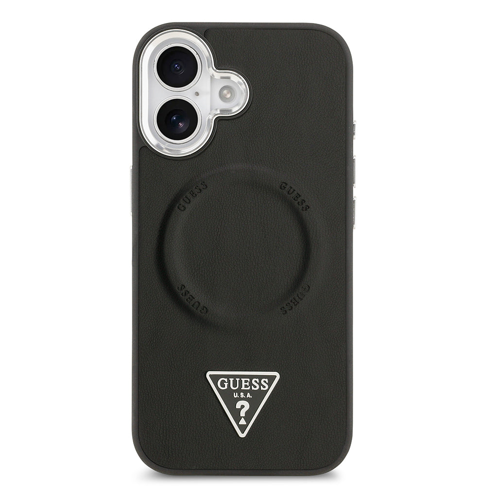 Apple iPhone 17 Case Guess Original Licensed M-safe Charging Function PU Leather Metal Camera Frame Triangle Logo Cover Black