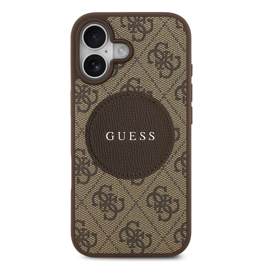 Apple iPhone 17 Kılıf Guess Orjinal Lisanslı M-safe Şarj Özellikli Yazı Logolu Circle Classic Kapak Kahverengi