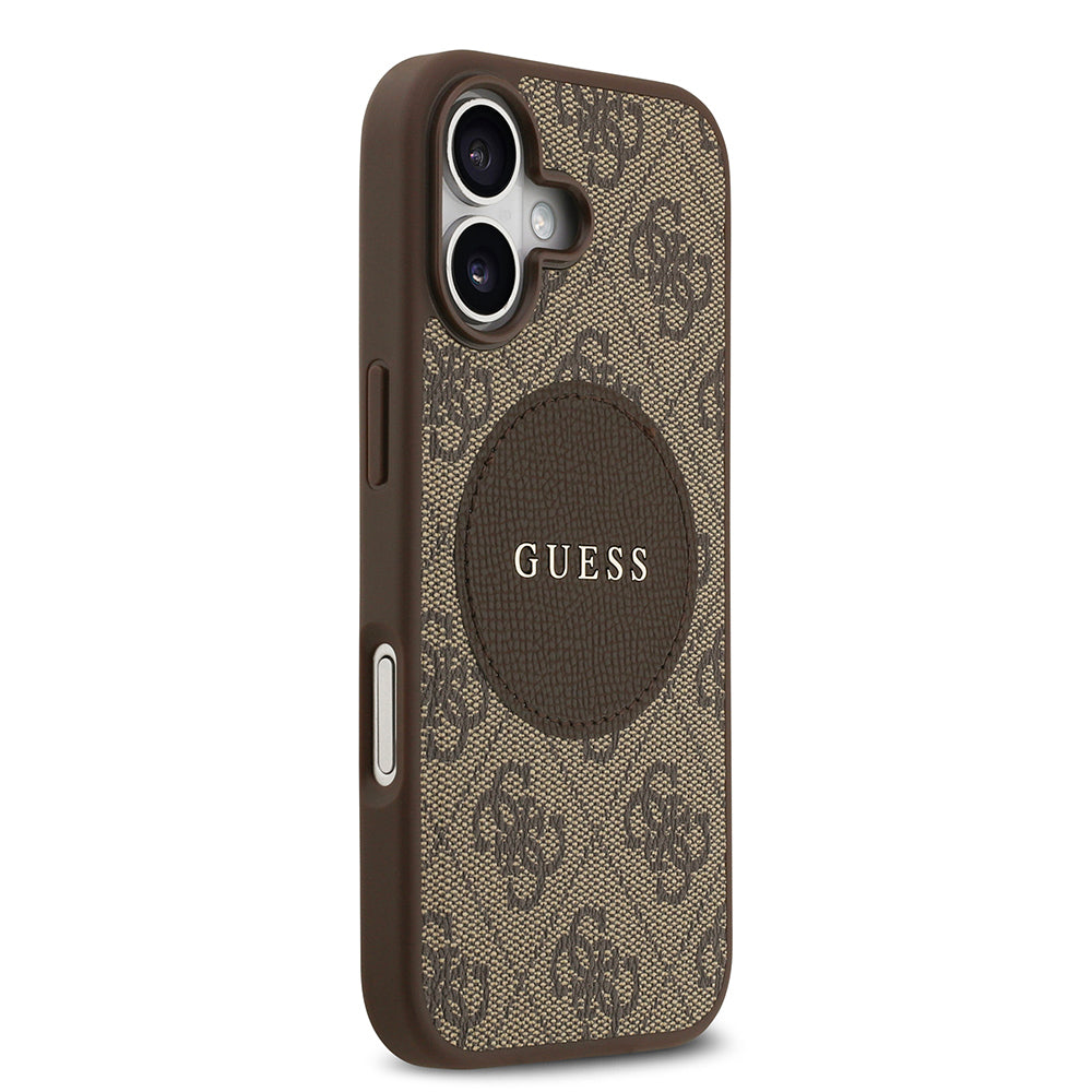 Apple iPhone 17 Kılıf Guess Orjinal Lisanslı M-safe Şarj Özellikli Yazı Logolu Circle Classic Kapak Kahverengi