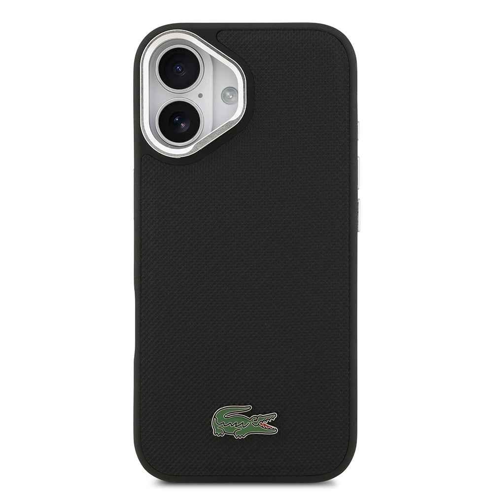 Apple iPhone 17 Kılıf Lacoste Orjinal Lisanslı M-safe Şarj Özellikli PU Pike Desenli Standlı Metal Logolu Kapak Siyah