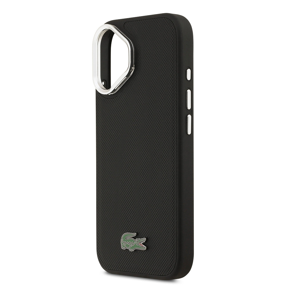 Apple iPhone 17 Kılıf Lacoste Orjinal Lisanslı M-safe Şarj Özellikli PU Pike Desenli Standlı Metal Logolu Kapak Siyah