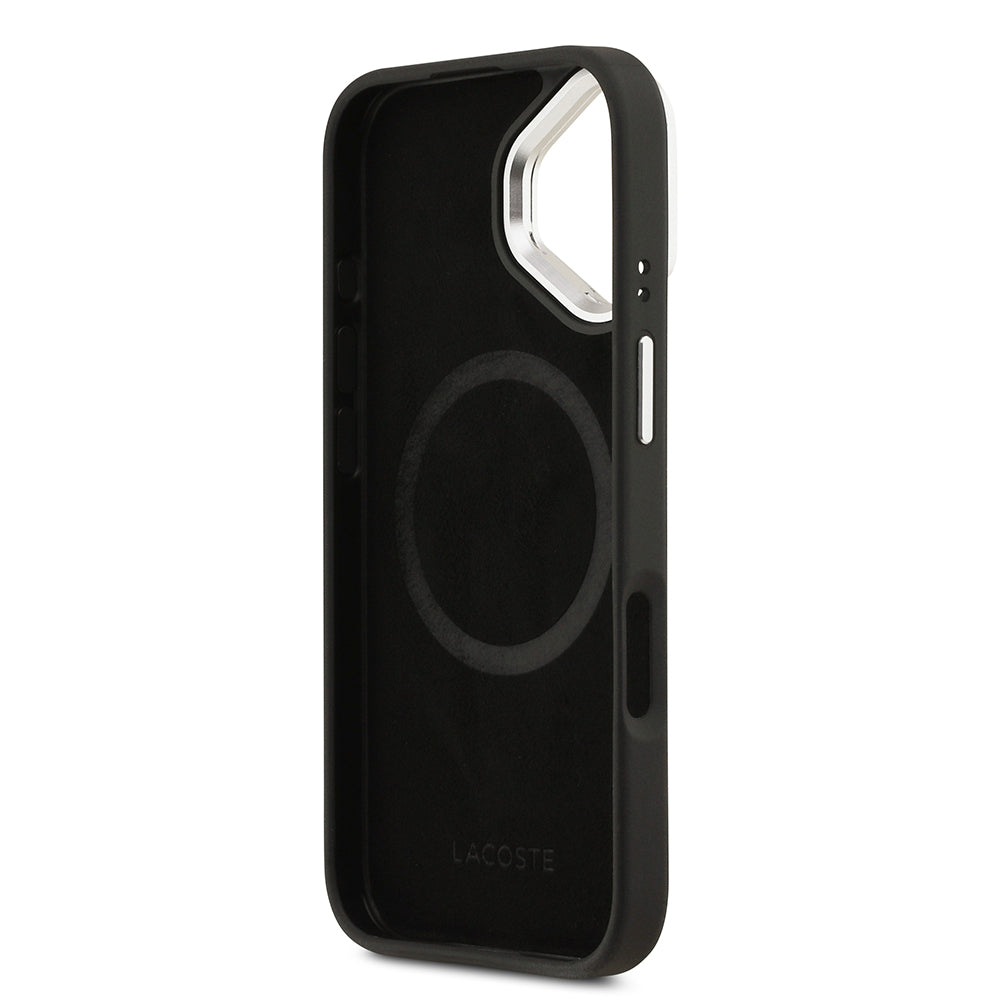 Apple iPhone 17 Case Lacoste Original Licensed M-safe Charging Feature PU Pique Pattern Stand Metal Logo Cover Black