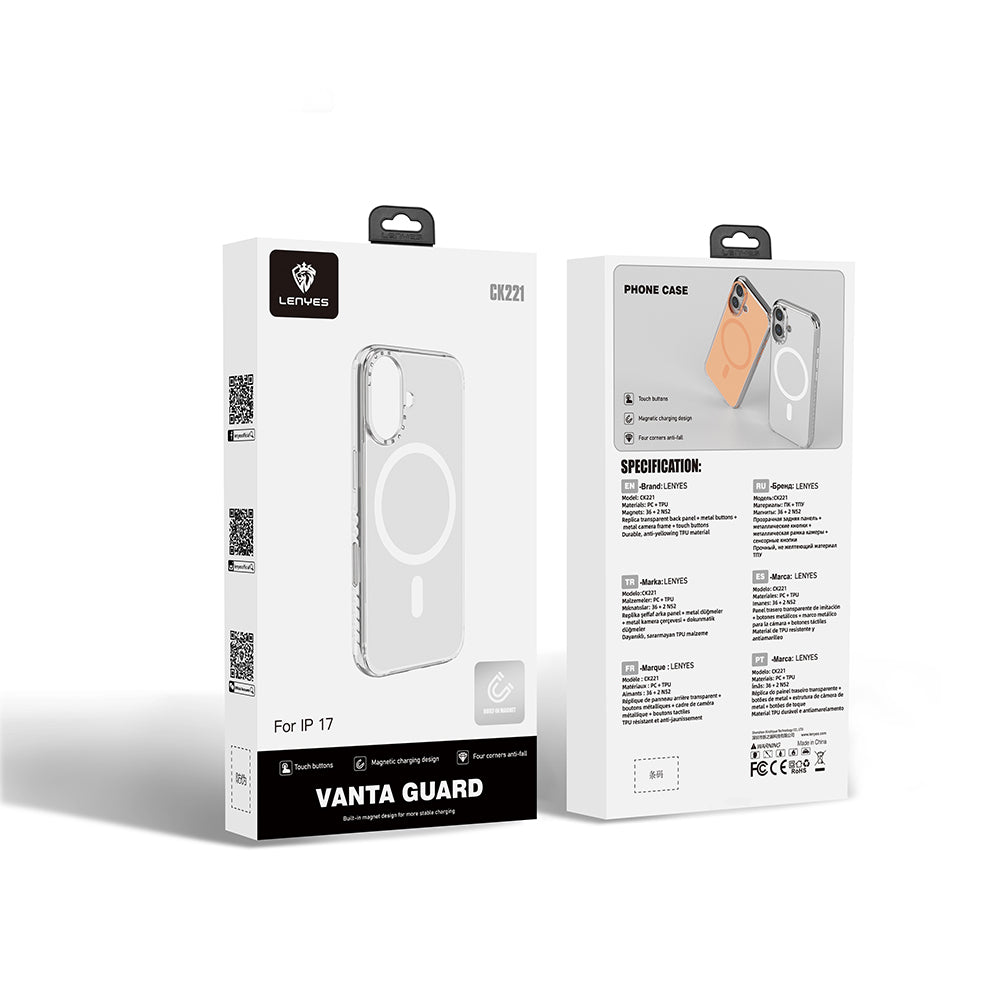 Apple iPhone 17 Case M-safe Charging Metal Camera Frame Airbag Design Lenyes CK221 Hard PC Cover Transparent