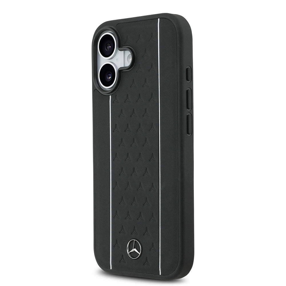 Apple iPhone 17 Kılıf Mercedes Benz Orjinal Lisanslı M-safe Şarj Özellikli Şeritli Yıldız Desenli Metal Logolu Deri Kapak Siyah