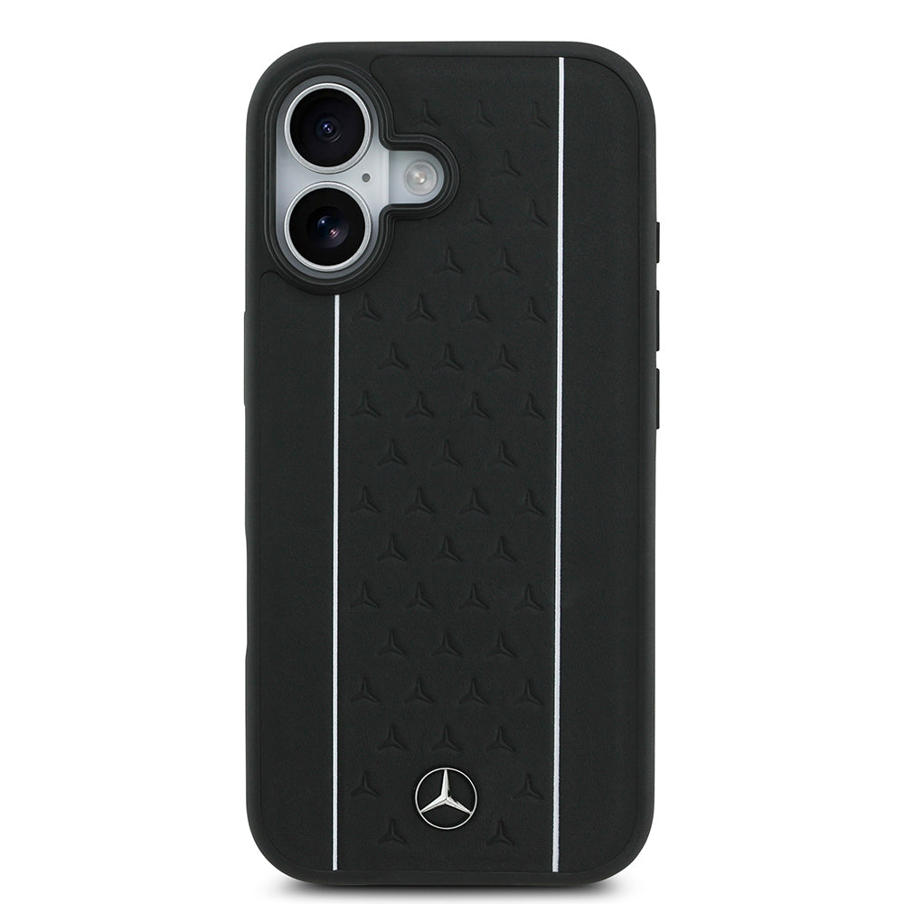 Apple iPhone 17 Case Mercedes Benz Original Licensed M-Safe Charging Feature Striped Star Patterned Metal Logo Leather Cover Black