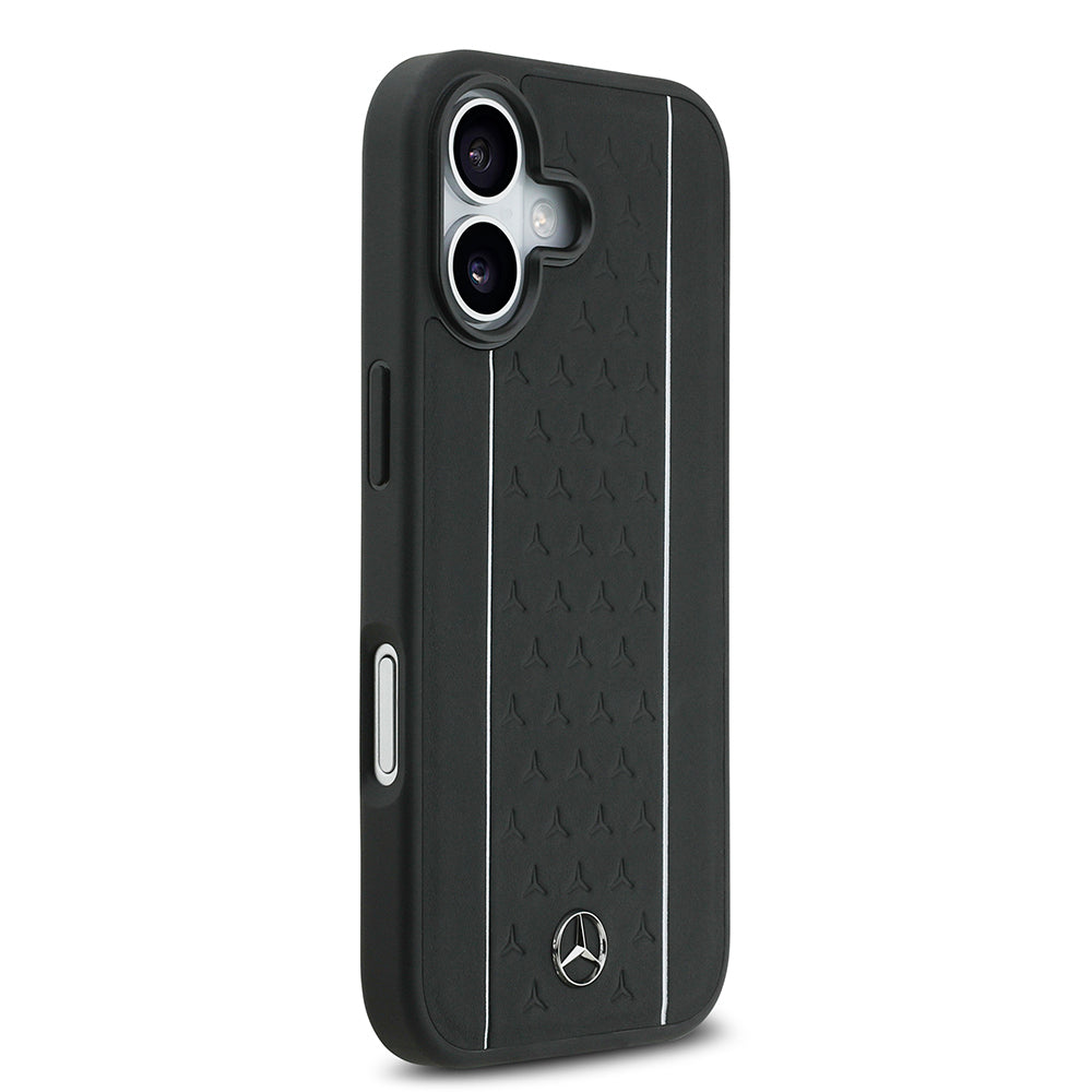 Apple iPhone 17 Case Mercedes Benz Original Licensed M-Safe Charging Feature Striped Star Patterned Metal Logo Leather Cover Black