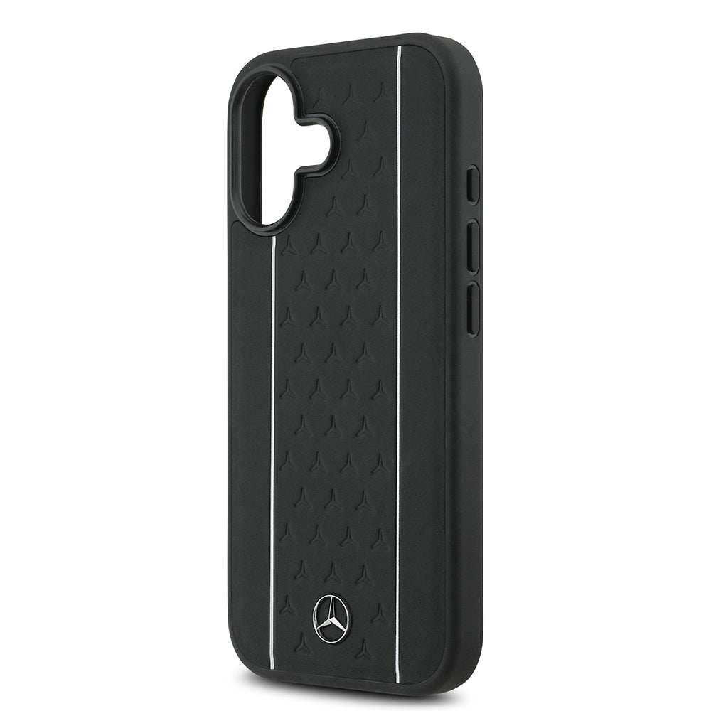 Apple iPhone 17 Kılıf Mercedes Benz Orjinal Lisanslı M-safe Şarj Özellikli Şeritli Yıldız Desenli Metal Logolu Deri Kapak Siyah