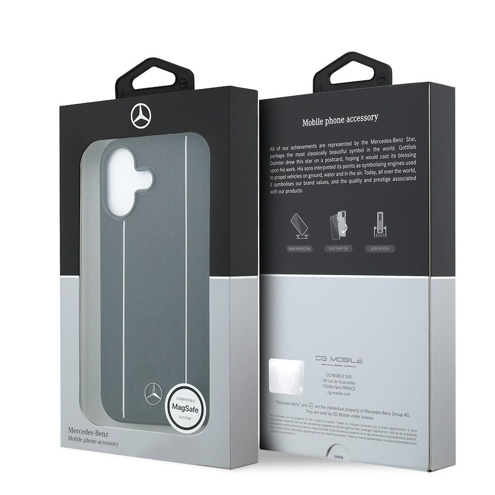 Apple iPhone 17 Case Mercedes Benz Original Licensed M-Safe Charging Feature Striped Star Patterned Metal Logo Leather Cover Black