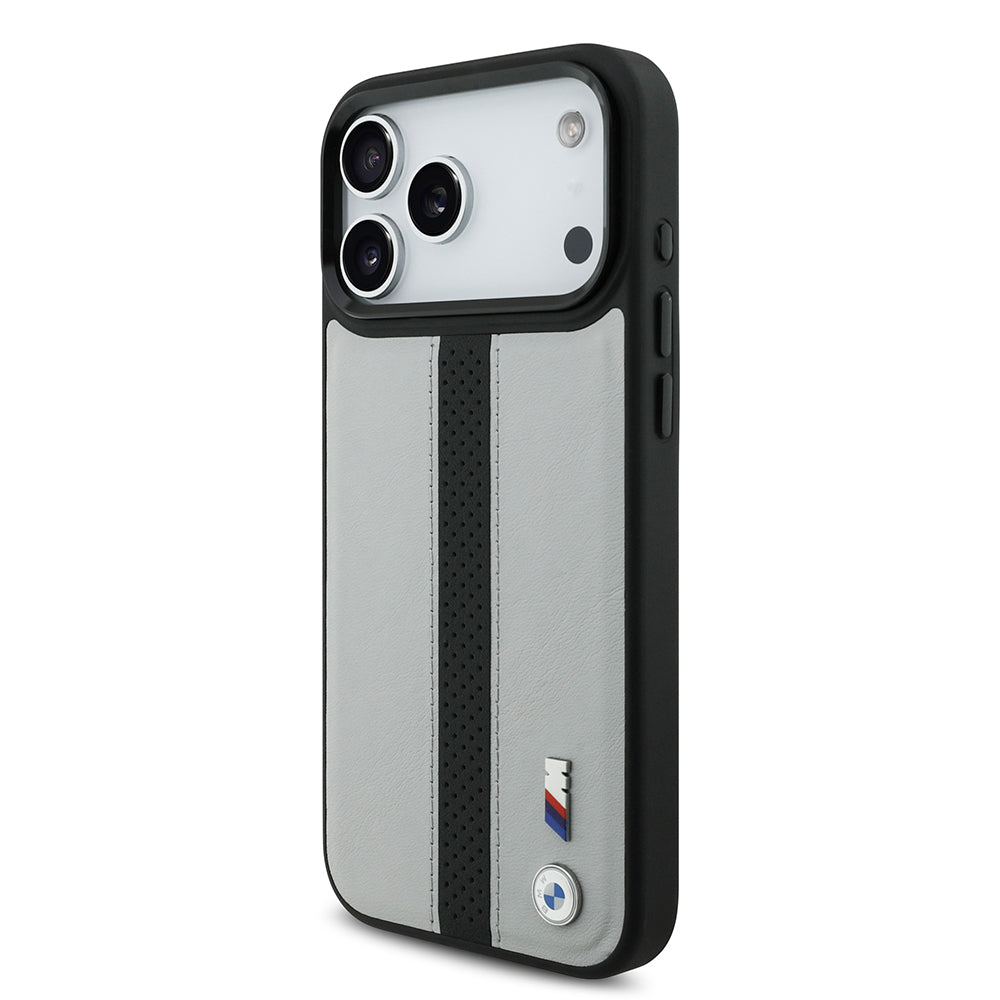 Apple iPhone 17 Pro Kılıf BMW Orjinal Lisanslı M-safe Şarj Özellikli Deri Arka Yüzey Metal Logolu Delikli Şerit Tasarımlı Kapak Gri