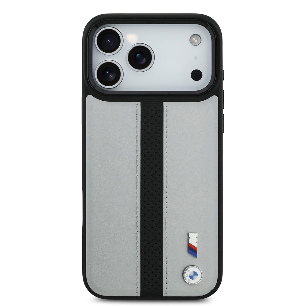 Apple iPhone 17 Pro Kılıf BMW Orjinal Lisanslı M-safe Şarj Özellikli Deri Arka Yüzey Metal Logolu Delikli Şerit Tasarımlı Kapak Mavi