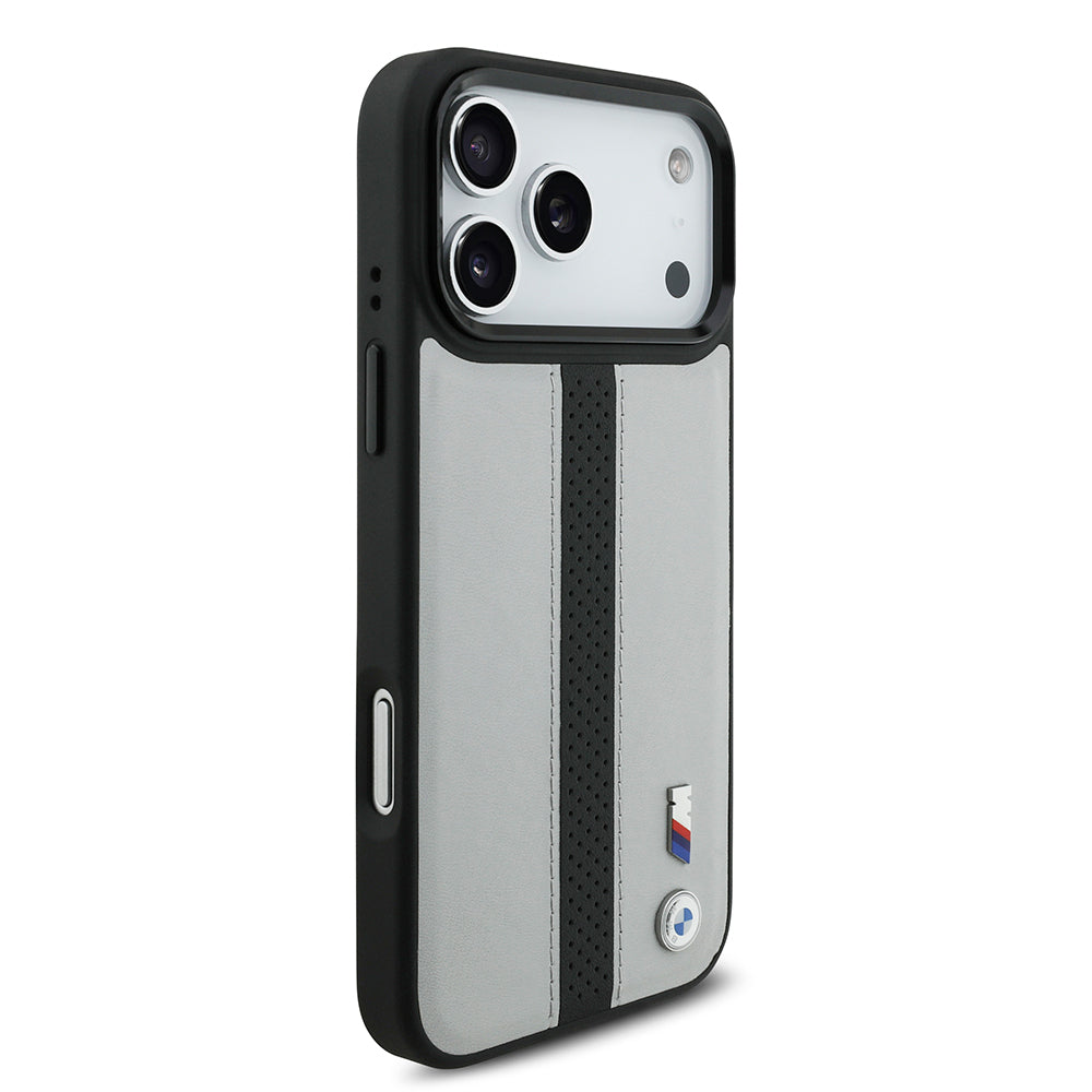 Apple iPhone 17 Pro Case BMW Original Licensed M-safe Charging Feature Leather Back Surface Metal Logo Perforated Strip Design Cover Navy Blue
