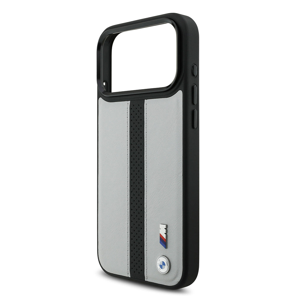 Apple iPhone 17 Pro Case BMW Original Licensed M-safe Charging Feature Leather Back Surface Metal Logo Perforated Strip Design Cover Navy Blue