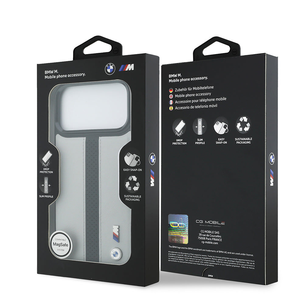 Apple iPhone 17 Pro Kılıf BMW Orjinal Lisanslı M-safe Şarj Özellikli Deri Arka Yüzey Metal Logolu Delikli Şerit Tasarımlı Kapak Lacivert