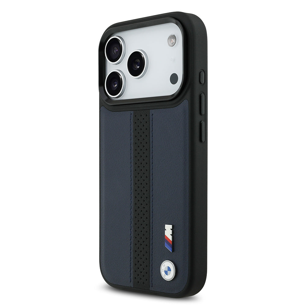 Apple iPhone 17 Pro Case BMW Original Licensed M-safe Charging Feature Leather Back Surface Metal Logo Perforated Strip Design Cover Navy Blue