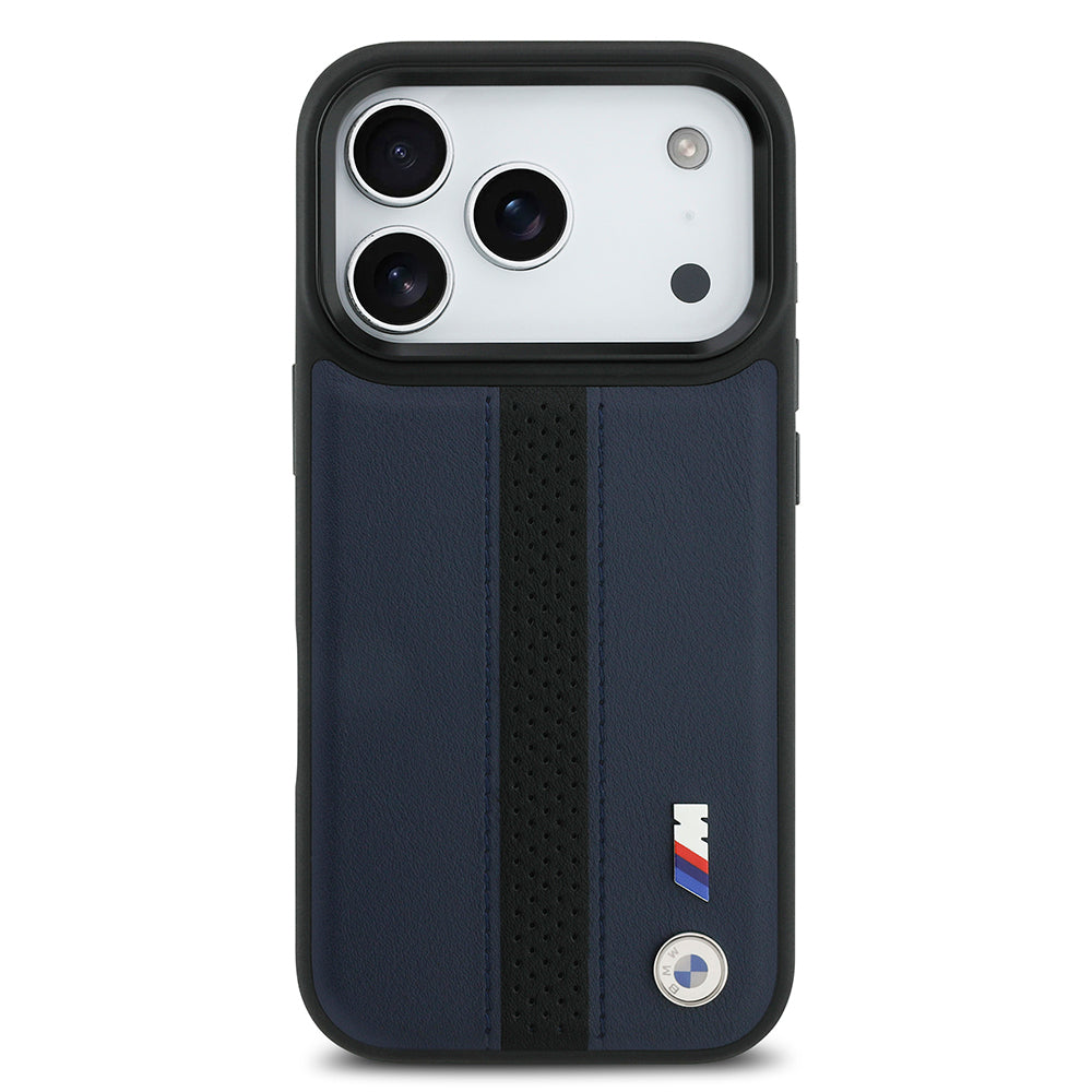 Apple iPhone 17 Pro Case BMW Original Licensed M-safe Charging Feature Leather Back Surface Metal Logo Perforated Strip Design Cover Navy Blue
