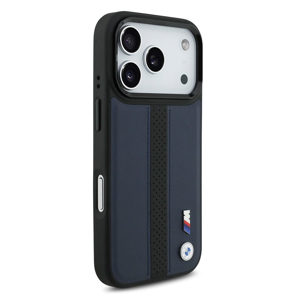 Apple iPhone 17 Pro Case BMW Original Licensed M-safe Charging Feature Leather Back Surface Metal Logo Perforated Strip Design Cover Navy Blue