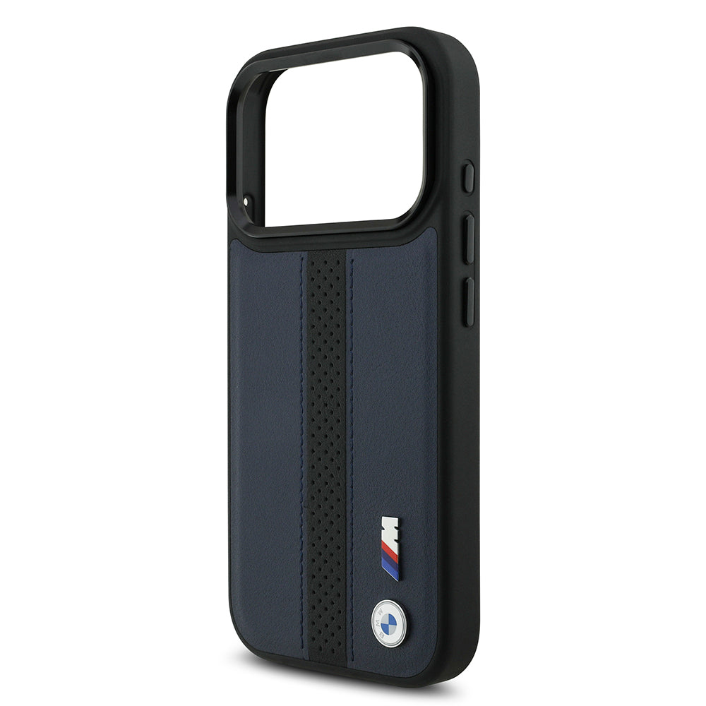 Apple iPhone 17 Pro Case BMW Original Licensed M-safe Charging Feature Leather Back Surface Metal Logo Perforated Strip Design Cover Navy Blue