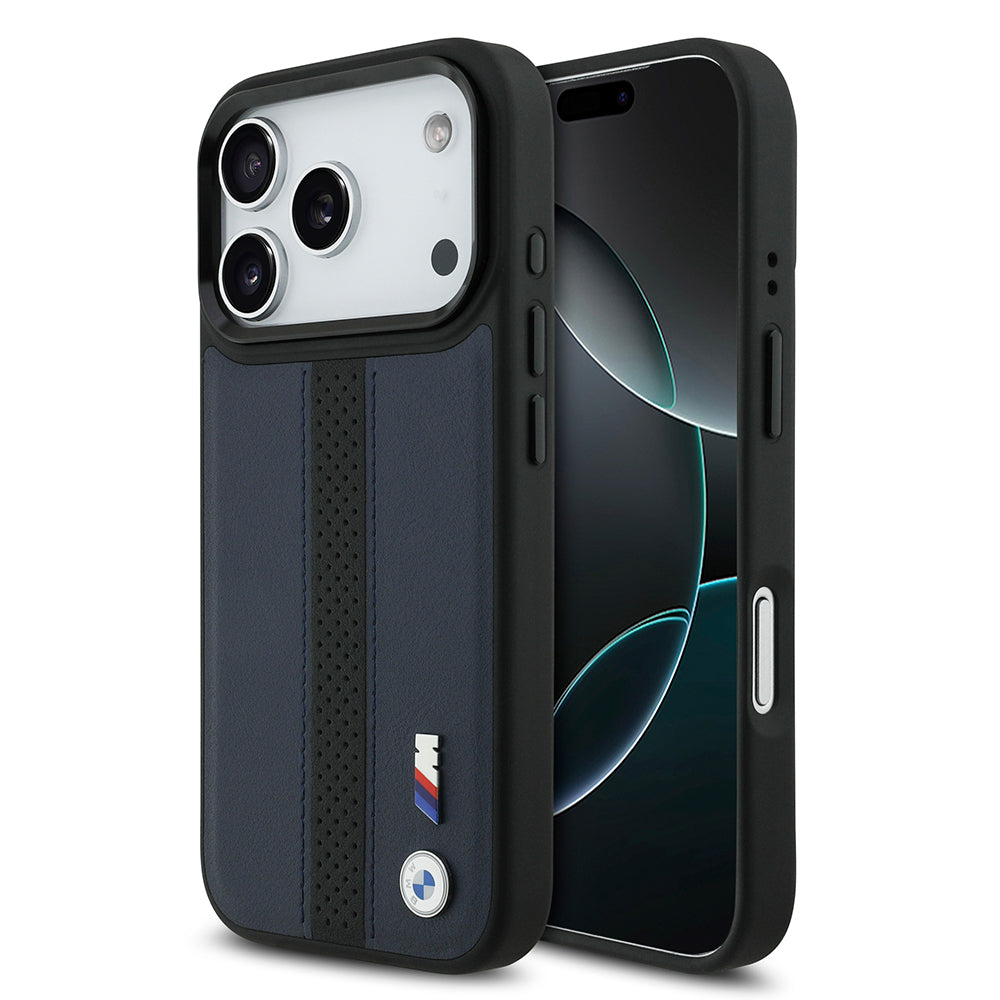 Apple iPhone 17 Pro Case BMW Original Licensed M-safe Charging Feature Leather Back Surface Metal Logo Perforated Strip Design Cover Navy Blue
