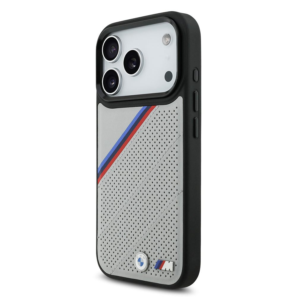 Apple iPhone 17 Pro Case BMW Original Licensed M-Safe Charging Feature M Logo Three Stripe Perforated Leather Cover Black