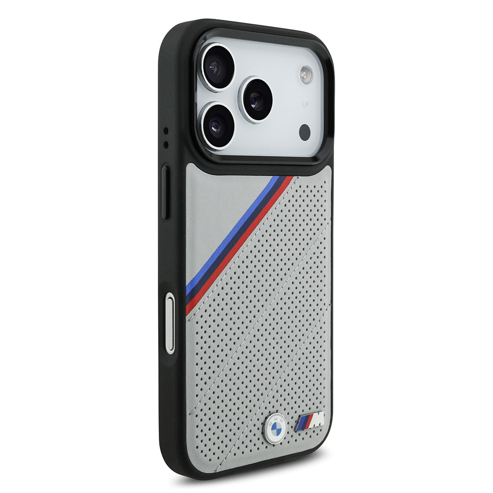 Apple iPhone 17 Pro Case BMW Original Licensed M-Safe Charging Feature M Logo Three Stripe Perforated Leather Cover Black