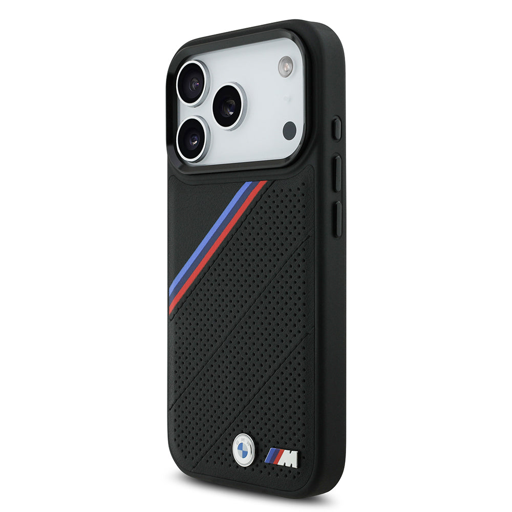Apple iPhone 17 Pro Case BMW Original Licensed M-Safe Charging Feature M Logo Three Stripe Perforated Leather Cover Black