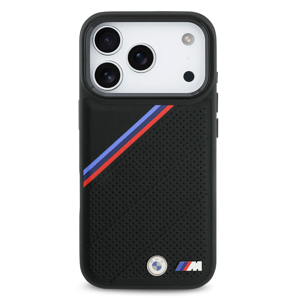Apple iPhone 17 Pro Case BMW Original Licensed M-Safe Charging Feature M Logo Three Stripe Perforated Leather Cover Black