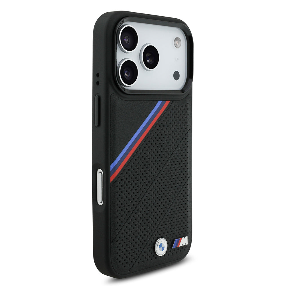 Apple iPhone 17 Pro Case BMW Original Licensed M-Safe Charging Feature M Logo Three Stripe Perforated Leather Cover Gray