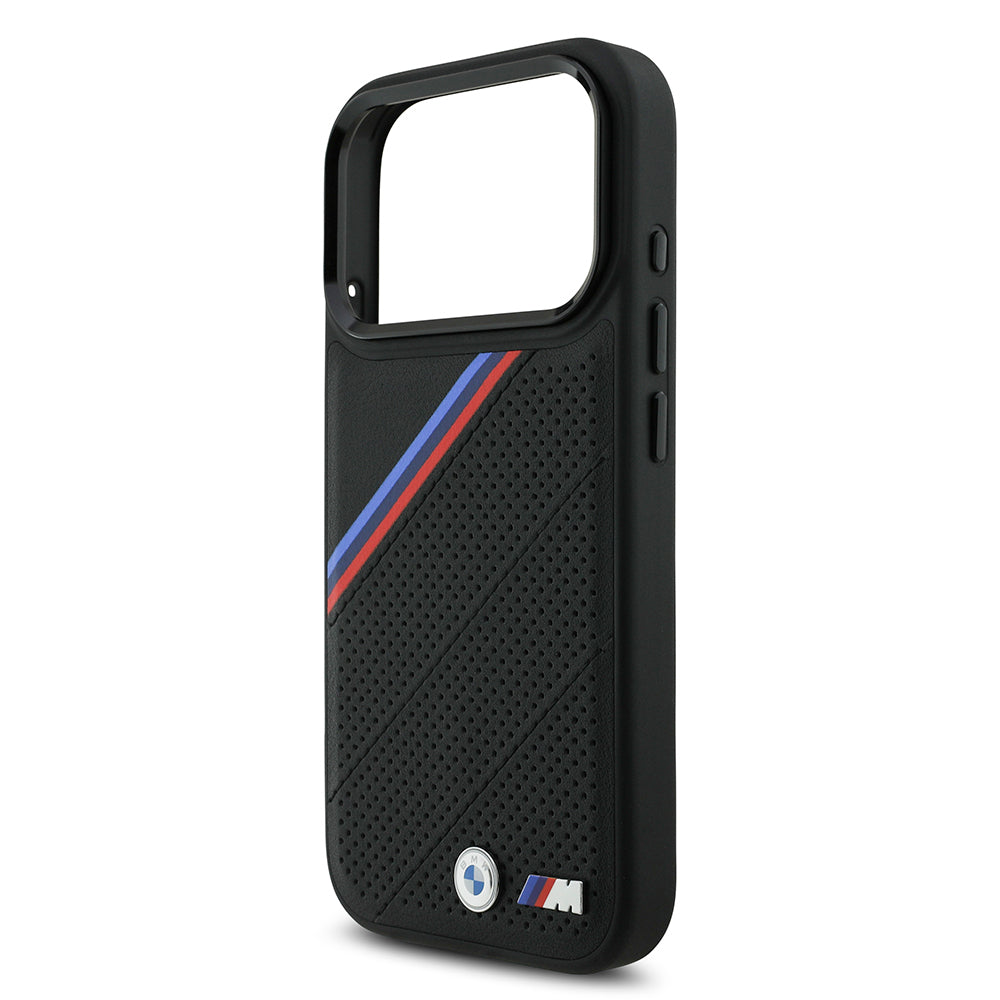 Apple iPhone 17 Pro Case BMW Original Licensed M-Safe Charging Feature M Logo Three Stripe Perforated Leather Cover Black