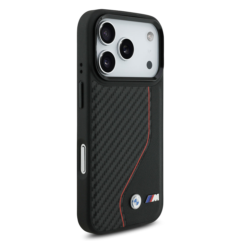 Apple iPhone 17 Pro Case BMW Original Licensed M-safe Charging Feature Metal BMW and M Logo PU Carbon Design Cover Red