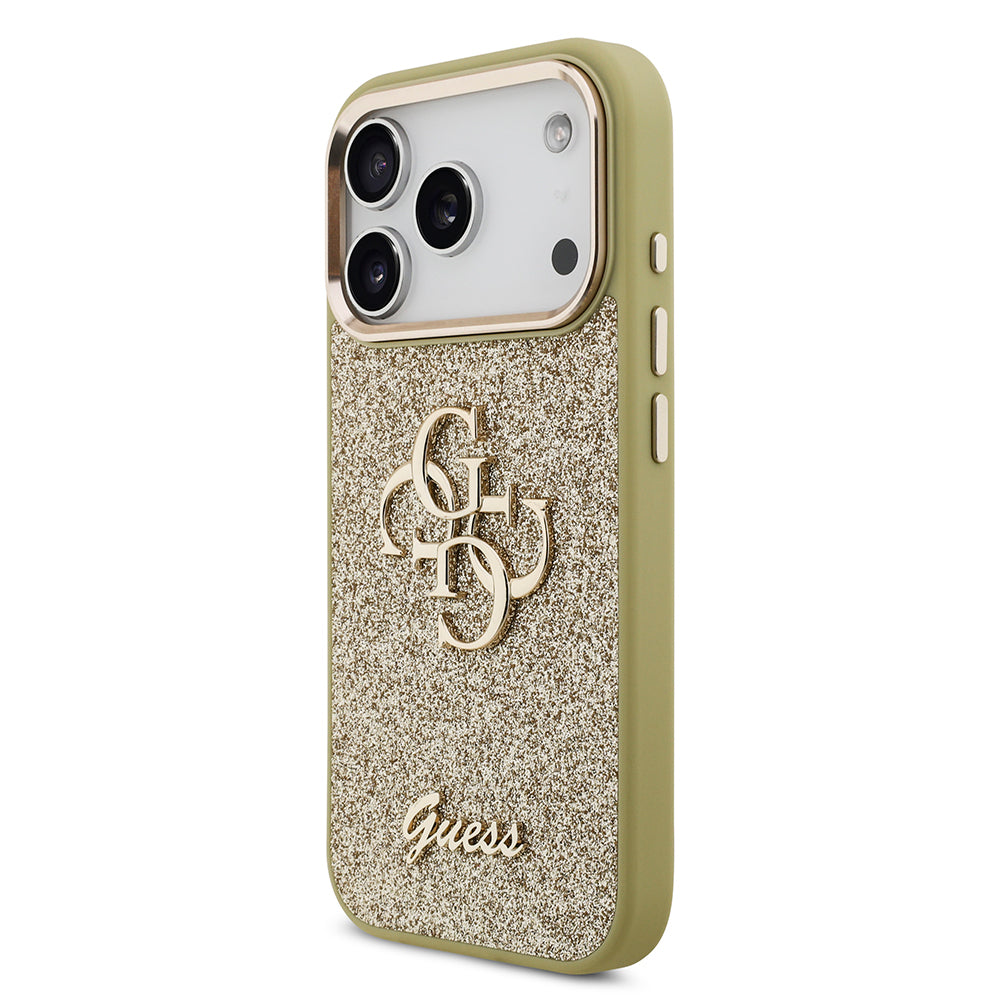 Apple iPhone 17 Pro Case Guess Original Licensed 4G Large Metal Camera Frame and Logo Glitter Cover Black